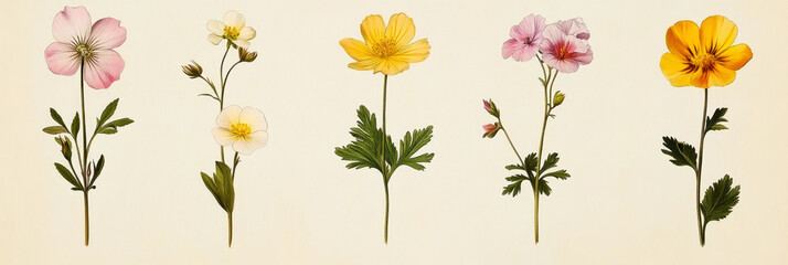 A delicate botanical Herbarium illustration of Cowslip, Pasque Flower, Pheasant Eye, Evening Primrose, Buttercup, Wild Geranium, isolated on old paper with muted pastel colors, floral poster, banner