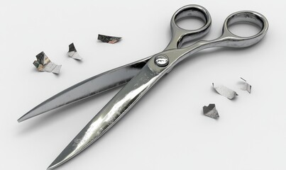 Obraz premium A pair of shiny scissors resting on a clean surface, surrounded by small metallic shavings, suggesting recent use