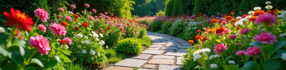 Obraz premium A meandering stone path through a garden filled with flowers, flowers, bloom, nature
