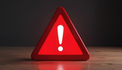 Glowing red caution sign with exclamation mark on dark background, on glossy wooden desk. Triangular shape indicates danger, hazard and alerts for careful attention. Risk prevention and safety symbol.