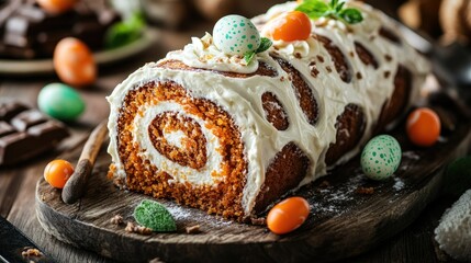 High-end Easter carrot roll cake with swirls of cream cheese frosting, detailed with carrot jelly, chocolate eggs, and sugar accents, rustic aesthetic