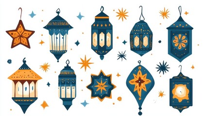 Fototapeta premium Collection of Blue and Gold Lanterns with Stars Pixel Art Illustration