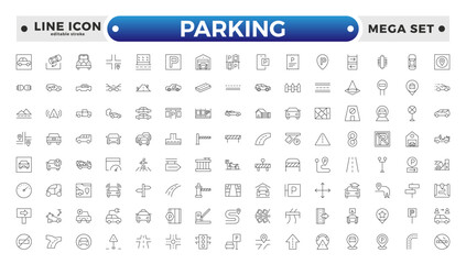 parking outline icons related to road, street, drive, crosswalk, highway, traffic, lights, gps, bridge, roundabout, directions, barrier. Editable stroke outline icon. 
