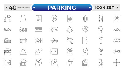 parking outline icons related to road, street, drive, crosswalk, highway, traffic, lights, gps, bridge, roundabout, directions, barrier. Editable stroke outline icon. 
