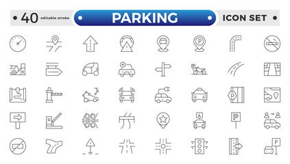 parking outline icons related to road, street, drive, crosswalk, highway, traffic, lights, gps, bridge, roundabout, directions, barrier. Editable stroke outline icon. 
