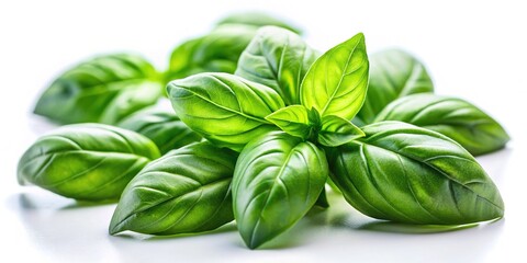 Fototapeta premium Isolated basil leaves, tilt-shift effect, white background, clipping path included.