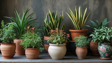 Fototapeta premium A vibrant collection of indoor plants in terracotta pots arranged on a wooden table against a textured wall, showcasing various types of greenery