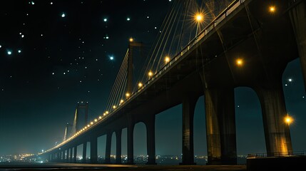 Fototapeta premium Illuminated Vasco da Gama Bridge captured from below, with its towering pillars and glowing lights reaching into the night