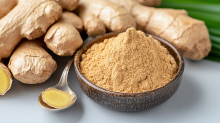 beautiful arrangement of rare ginger powder in small bowl, surrounded by fresh ginger roots