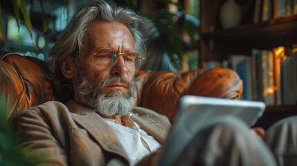 "An older man in glasses sits comfortably in a chair, deeply engrossed in reading a book."