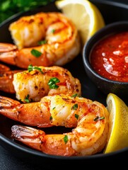 Deliciously grilled shrimp served with lemon and tangy dipping sauce.