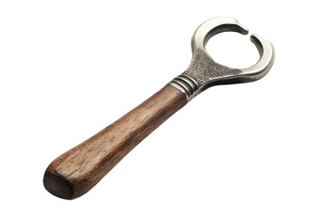 Crafted metal bottle opener with a wooden handle resting on a clean white surface isolated on transparent background