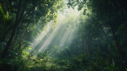 Sunbeams Illuminate Lush Tropical Rainforest Canopy