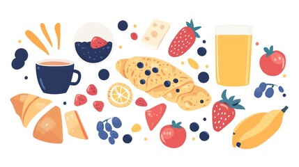 Flat Lay Breakfast Illustration; Colorful Foods Arranged; Healthy Morning Meal; Design Element