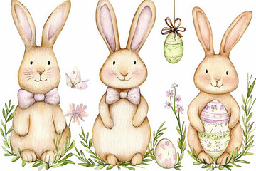 Fototapeta premium Three adorable, pastel-colored bunnies surrounded by flowers and Easter eggs, perfect for a whimsical, spring-themed design.