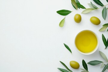 Olive oil bowl, leaves, white background, food ad