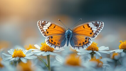 Obraz premium A Beautiful Butterfly Resting on Daisies Under a Soft Morning Light