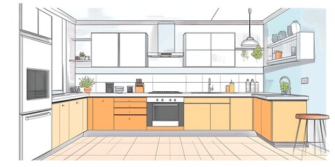 Fototapeta premium Drawing of the interior of a kitchen. Modern kitchen layout plans with furniture layouts. vector simple illustration. The plan includes symbols for furniture in the kitchen, bedroom, and bathroom.