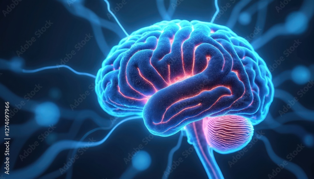 Poster Active human brain sends electric signals out for neural activity. Nerve cells form neuron cell network. Neurology science illustration, medical analysis of mental health, memory, synapses,