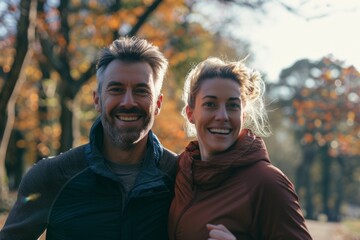 Fototapeta premium Portrait of a smiling caucasian couple in their 30s running together in the park