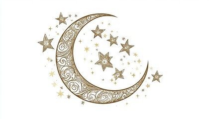 Golden Crescent Moon and Stars on White Background
