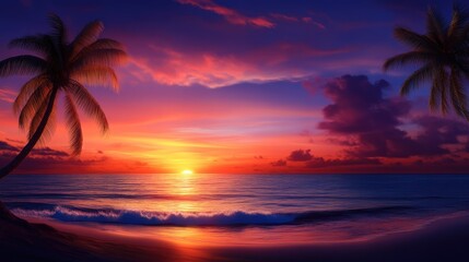 A breathtaking sunset over a tranquil ocean, with vibrant colors reflecting on the water. Silhouetted palm trees frame the scene, creating a serene and peaceful atmosphere.