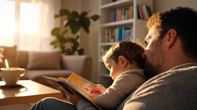 A heartwarming scene of a father and toddler sharing a story in a snug family living room.