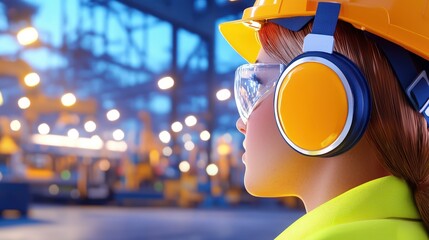 A construction worker in safety gear, including a yellow helmet and headphones, stands in a vibrant industrial setting, showcasing focus and safety.