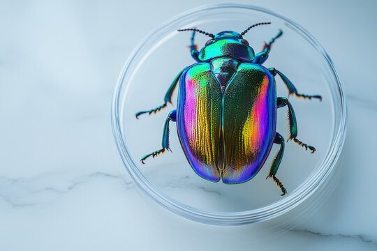 A vibrant iridescent beetle, showcasing its vibrant colors and intricate details, is captured in a close-up shot. - Powered by Adobe