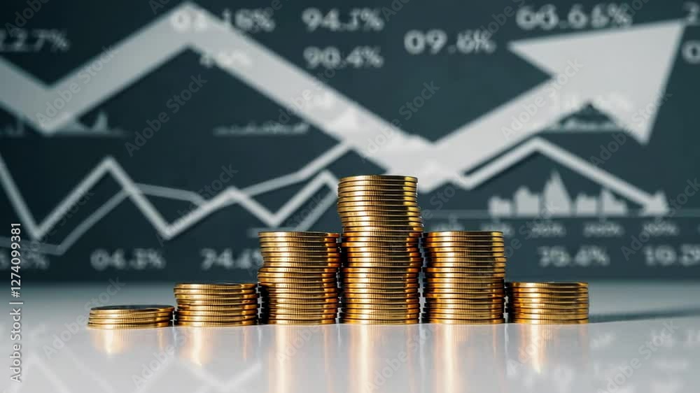 Poster golden coins form growing stacks in slow motion against a backdrop of financial charts with fluctuat
