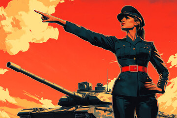 A bold and empowering advertising poster featuring a full-length female tanker in a crisp military uniform, standing confidently against a combat tank background, evoking patriotism