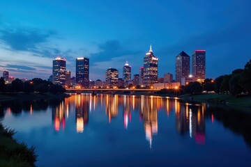 Fototapeta premium Evansville skyline, blue hour, river reflection, riverfront, night photography, lights