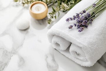 A clean white towel rolled neatly with a sprig of lavender on top, set on a neutral spa-themed background