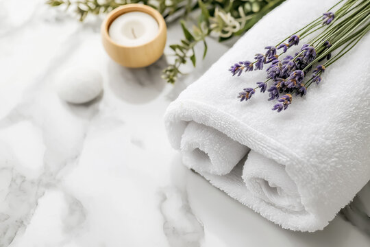 A clean white towel rolled neatly with a sprig of lavender on top, set on a neutral spa-themed background