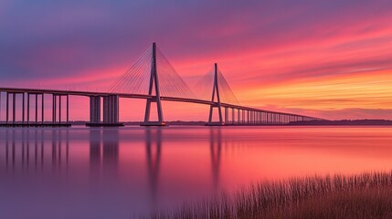 Linear shot of a cable-stayed bridge glowing in the sunrise, with clean white lines contrasting against the warm sky