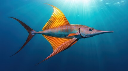 A majestic sailfish in side profile, isolated on a clean ocean blue background