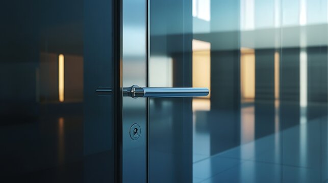 a futuristic glass door, its sleek metallic handle and keyhole reflecting ambient light, enhancing its ultramodern appeal