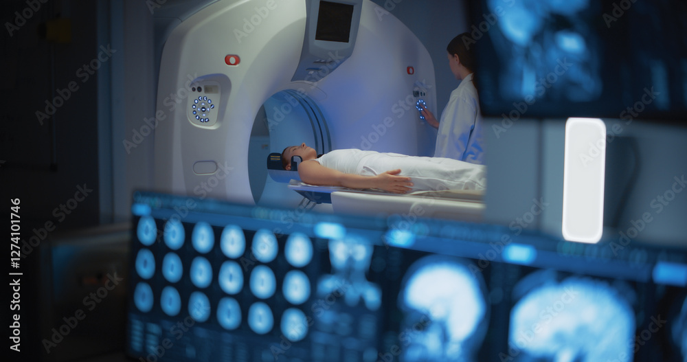 Poster medical hospital research lab: male medical scientist using computer with brain scan mri images of f
