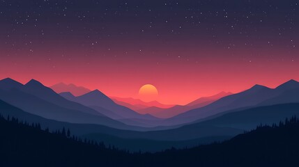 Naklejka premium Majestic Sunset Over Silhouetted Mountain Ranges