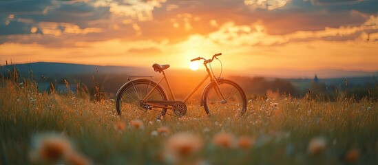 Naklejka premium Bicycle at Sunset in a Meadow with Wildflowers and a Vibrant Sky