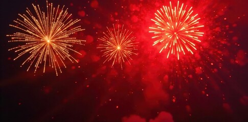 Obraz premium Radiant gold fireworks illuminate deep red canvas, intense celebratory display, golden, display