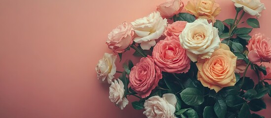 Pastel Roses Bouquet on Pink Background: A Romantic Floral Arrangement