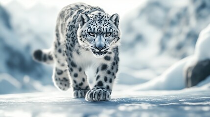 Fototapeta premium A majestic snow leopard walking on icy terrain.