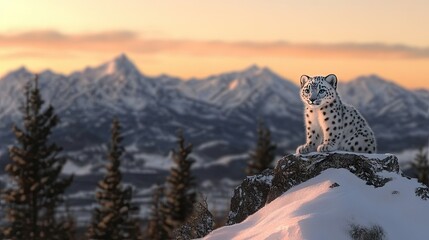 A magnificent snow leopard rests gracefully on a rugged rocky outcrop, framed by the breathtaking colors of a mountain sunset