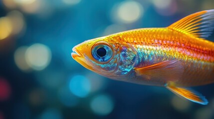 Fototapeta premium A neon tetra fish with glowing scales, close-up against a deep blue background