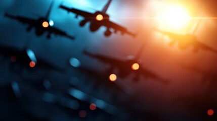 A dramatic image of military jet fighters soaring through the atmosphere, illuminated by glowing lights