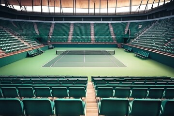 Fototapeta premium Empty tennis court with vacant stands , sports, tennis, court, empty, seats, stands, competition, game, stadium, outdoor. General View of Hard Tennis Court 