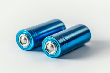 Blue cylindrical batteries on white background