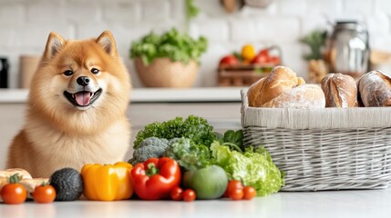 A joyful dog sits happily surrounded by an array of fresh vegetables and a loaf of bread, all in a bright, cheerful kitchen filled with daylight