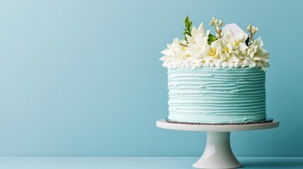 Soft pastel blue holiday cake with white cream floral details, stylishly placed with a tag space for personalization